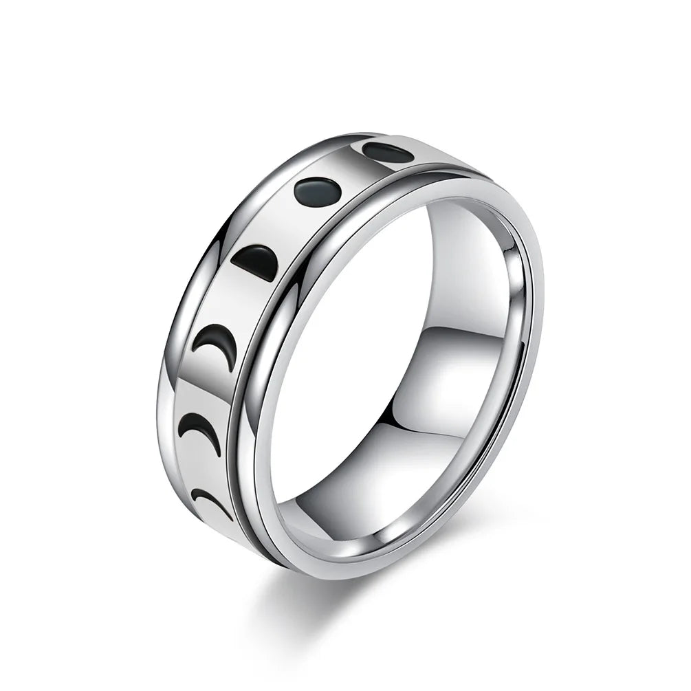 Moon Phase Spinner Ring, Stainless Steel Fidget Witchy Amulet