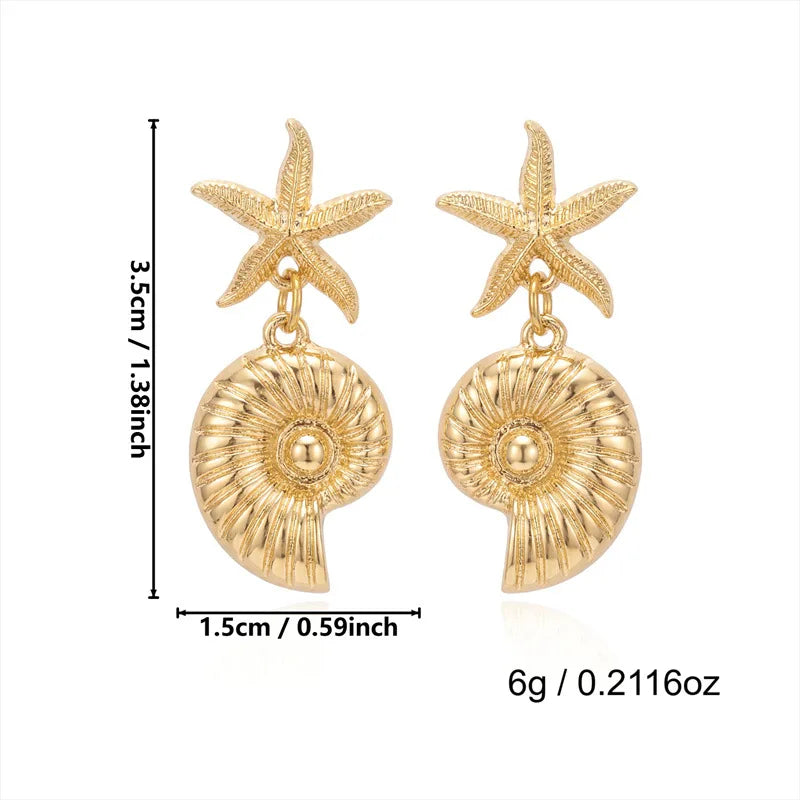Boho Starfish, Conch and Scallop Pearl Pendant Earrings