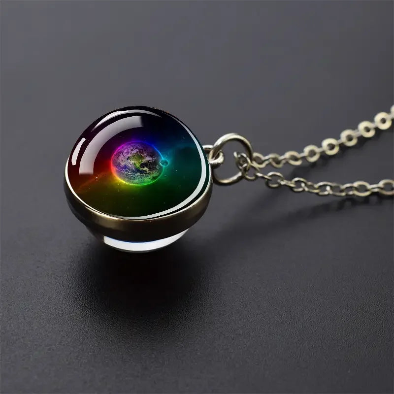 Double-Sided Galaxy Planet Glass Ball Pendant Necklace, Sun Moon Mars Cosmic Talisman