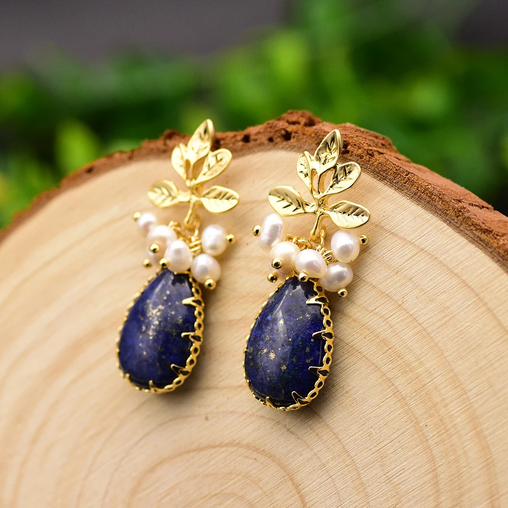 GLSEEVO Natural lapis lazuli Pearl Temperament Drop Earrings Women Girls Party Gift Original Design Luxury Jewellery Gift GE0988 - Charlie Dolly