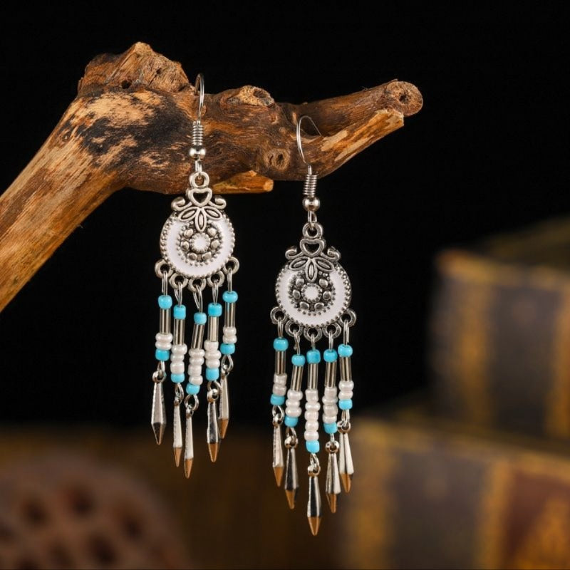Vintage Bohemian Ethnic Style Earrings Long Rice Bead Tassel Earrings FOR WOMEN Alloy Dripping Oil Long Tassel Earrings - Charlie Dolly