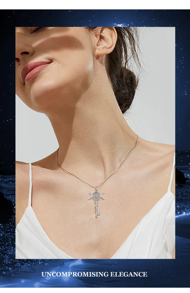 Sterling Silver 925 Hekate Wheel Triple Moon Goddess Necklace, Snake Key Witch Amulet