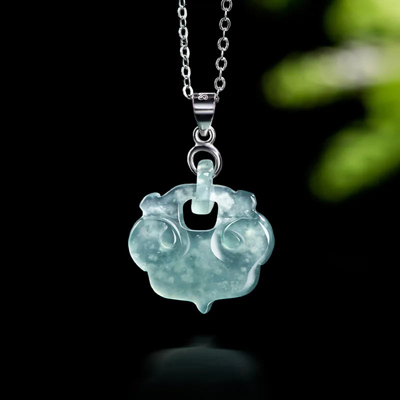 Blue Myanmar Jadeite Ruyi Pendant, Luxury Hand-Carved Amulet