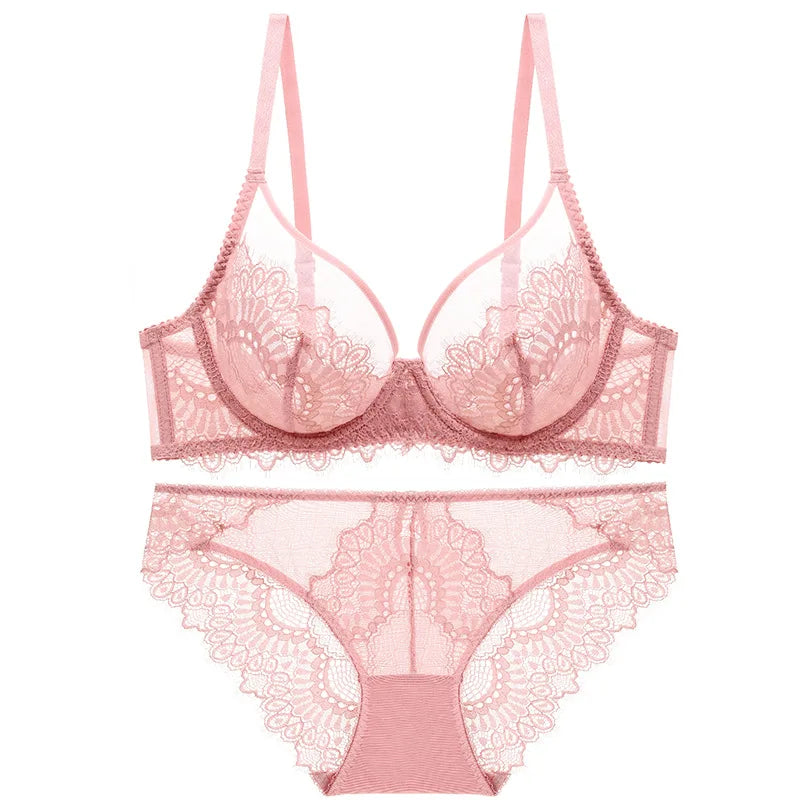 Logirlve Sexy Brassiere Transparent Ultrathin Bra Panty Set Push up Embroidery Underwear Set Plus Size Bras Women Lace Lingerie - Charlie Dolly