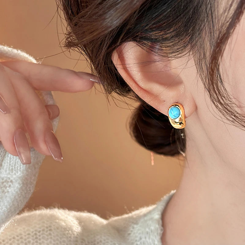 Natural Turquoise Curved Earrings, Gold Copper Casual Elegant Boho Jewelry
