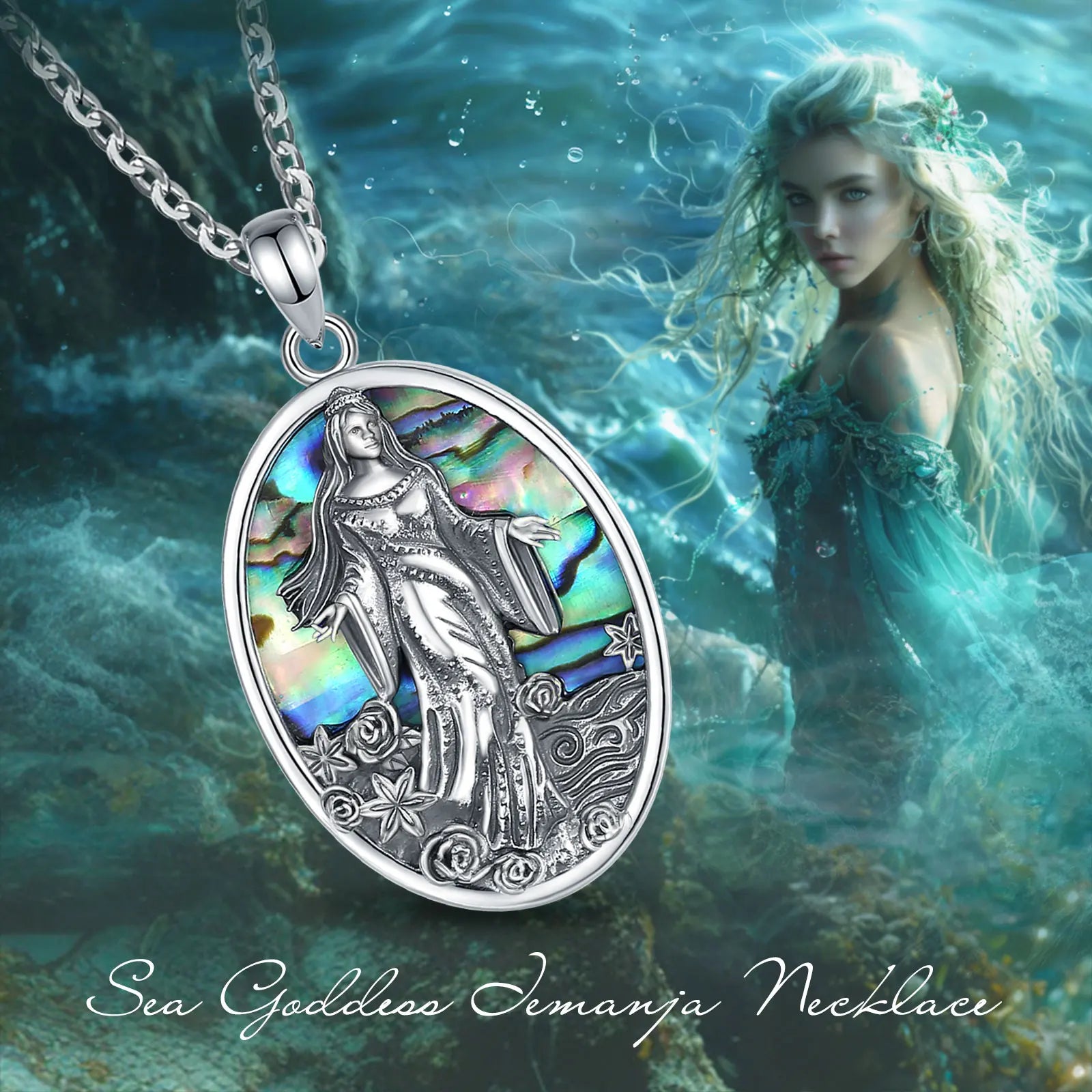 Yemaya Sea Goddess Necklace with Natural Abalone, S925 Sterling Silver