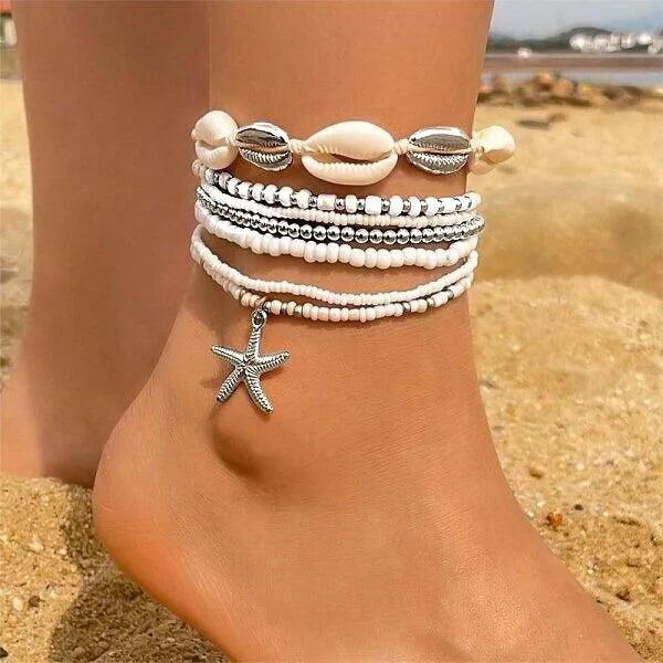 Shell and Starfish Rice Bead Handmade Boho Anklet
