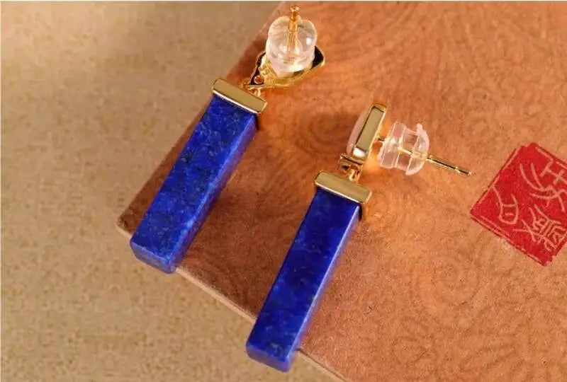 GEEZENCA 925 Silver Gold Plated Lapis Lazuli Bar Charm Dangle Drop Earrings Women CZ Geometric Oblong Simple Trendy Earring Gift - Charlie Dolly