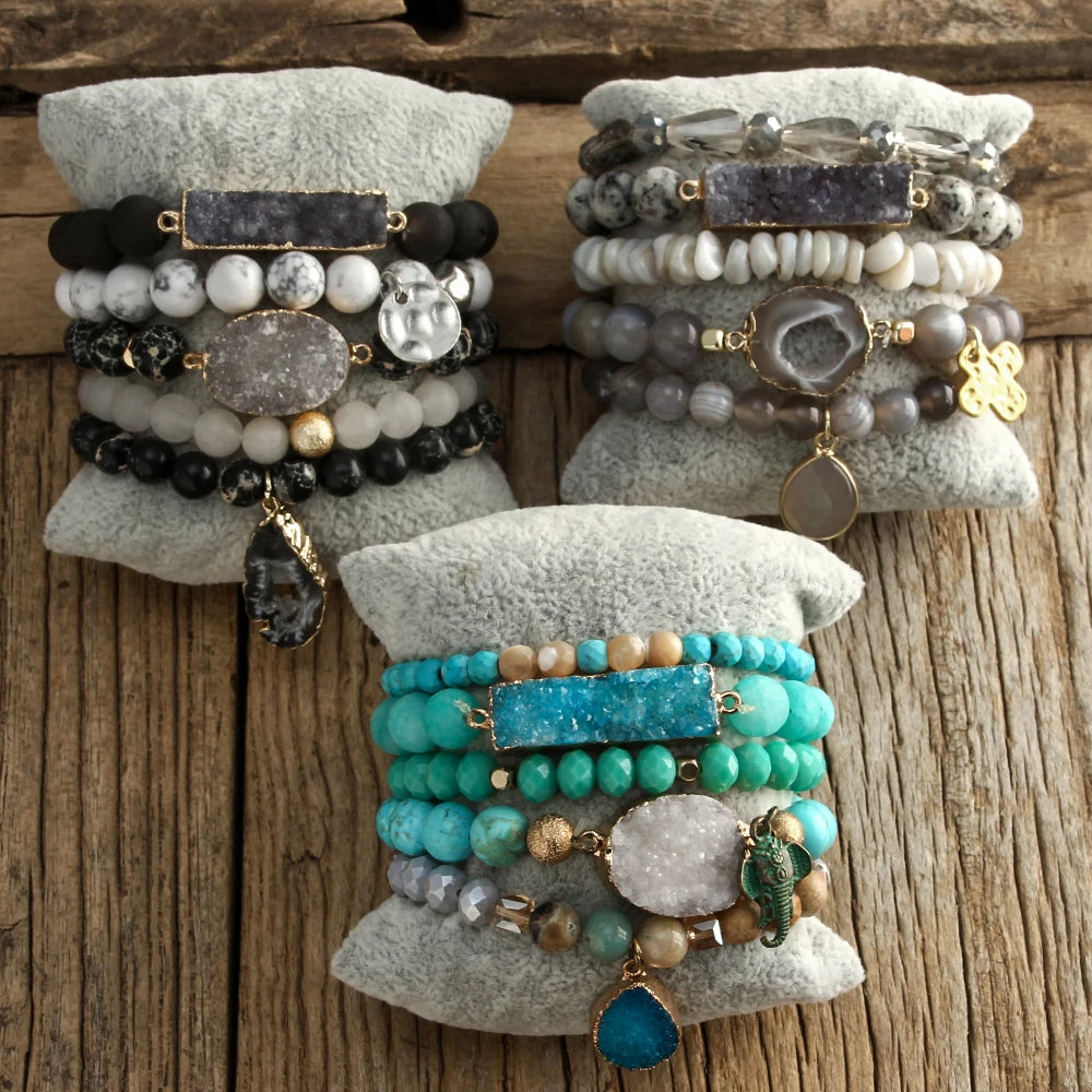 New Designer Boho Beaded Bracelet Set Natural Stone & Druzy 5pc Bracelets Bangles Set For Fashion Jewelry - Charlie Dolly