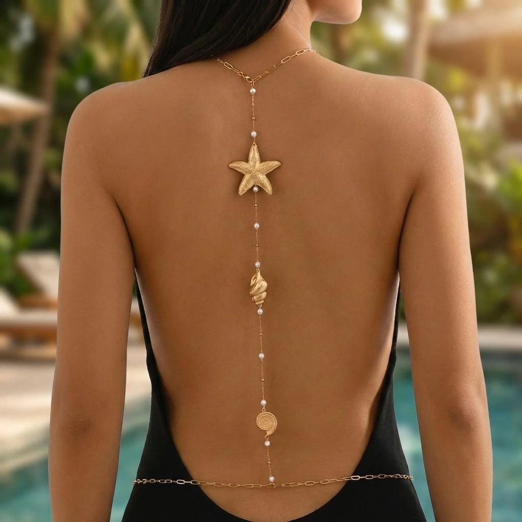 Gold Starfish, Shell and Pearl Backdrop Body Chain