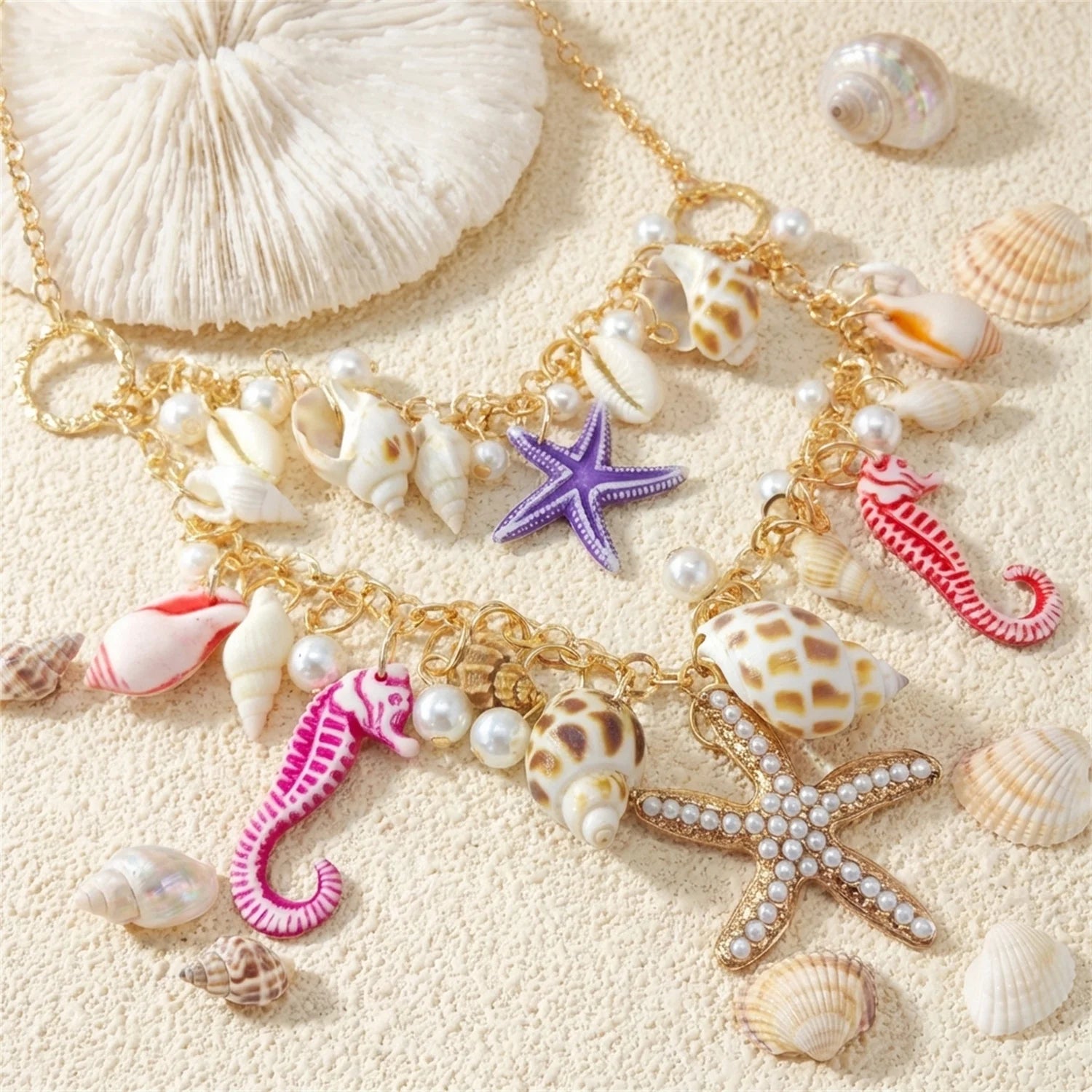 Starfish, Conch and Seahorse Exaggerated Chain Choker