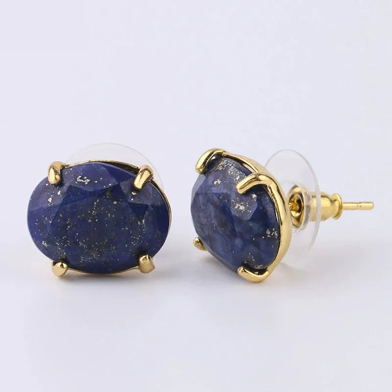 Oval Shape Stud Earrings golden Color Natural Stone Faceted Pink Quartz Crystal Agate lapis lazuli Healing Jewelry Female - Charlie Dolly