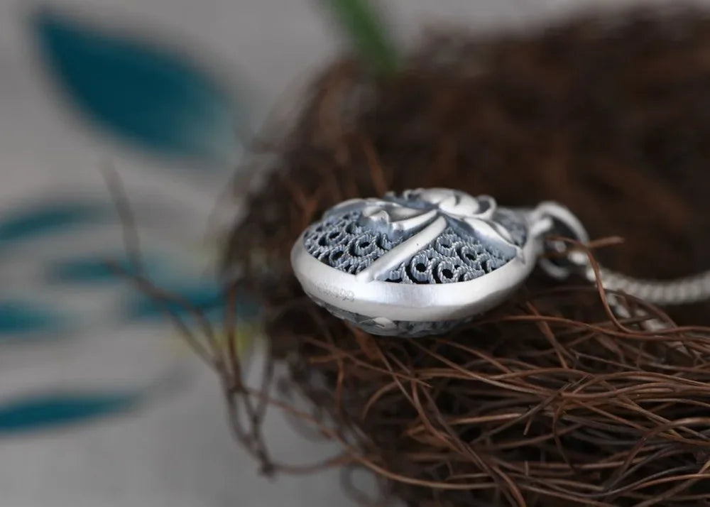 925 Sterling Silver Engraved Lotus Droplet Pendant Necklace, Vintage National Style Talisman