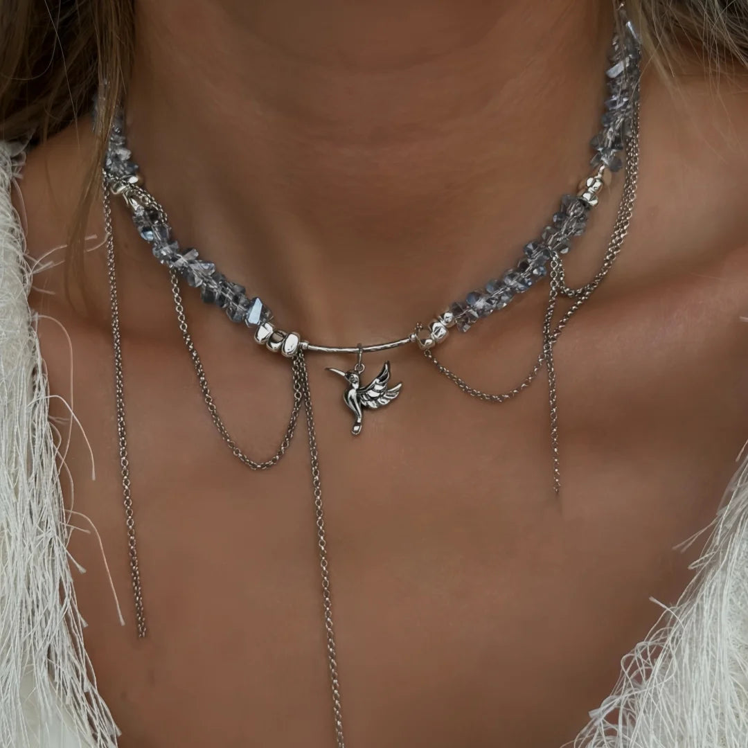 Bird and Heart Pendant Tassel Chain Necklace Jewelry