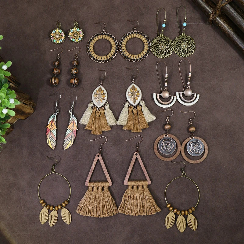 Wooden Bead Flower Leaf Long Tassel Earrings Jewelry