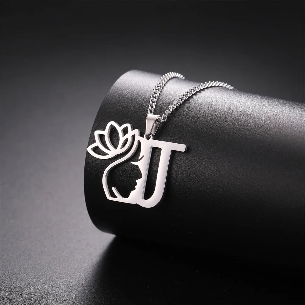 Lotus Flower Initial Letter Pendant, Personalized Stainless Steel Necklace