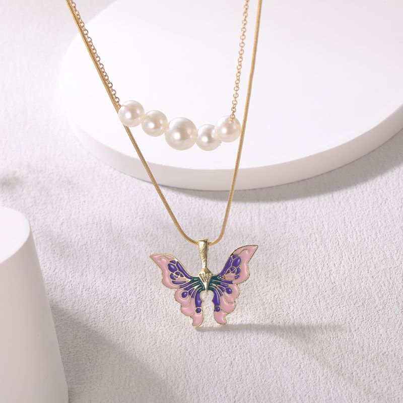Trendy Barbie Princess Pearl Enamel Butterfly Choker Necklace For Women Holiday Party Gift Fashion Jewelry Accessories N049
