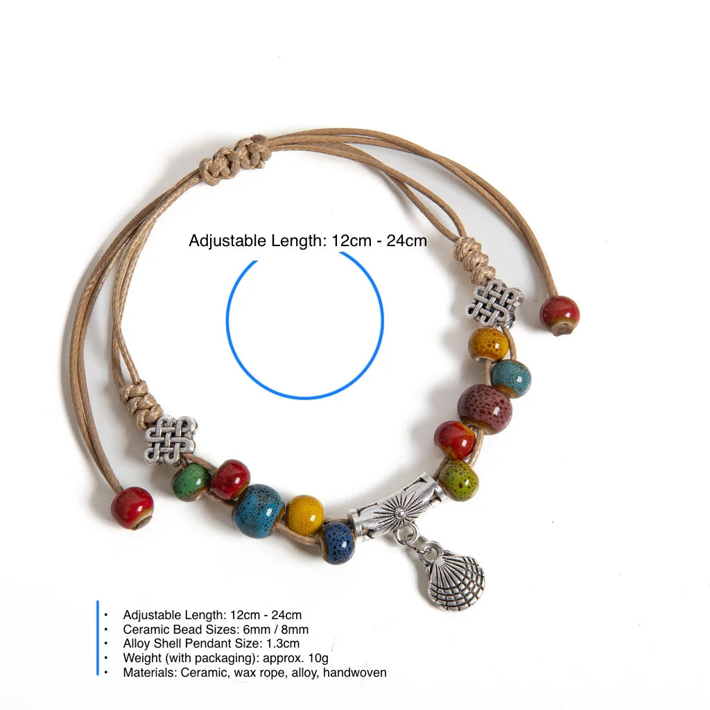 Ceramic Bead and Shell Charm Handmade Rope Bracelet
