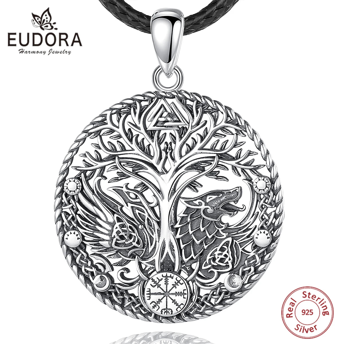 S925 Sterling Silver Viking Raven Wolf Pendant Necklace, Celtic Knot Tree of Life Compass Amulet