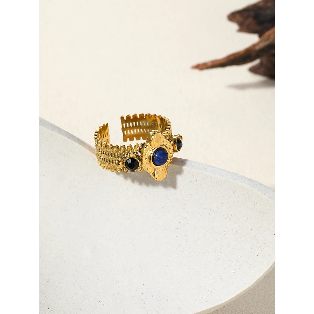 YACHAN Boho Vintage Stainless Steel Rings for Women Pink Natural Stone Lazurite 18K Gold Plated Aesthetic Trend Jewelry - Charlie Dolly