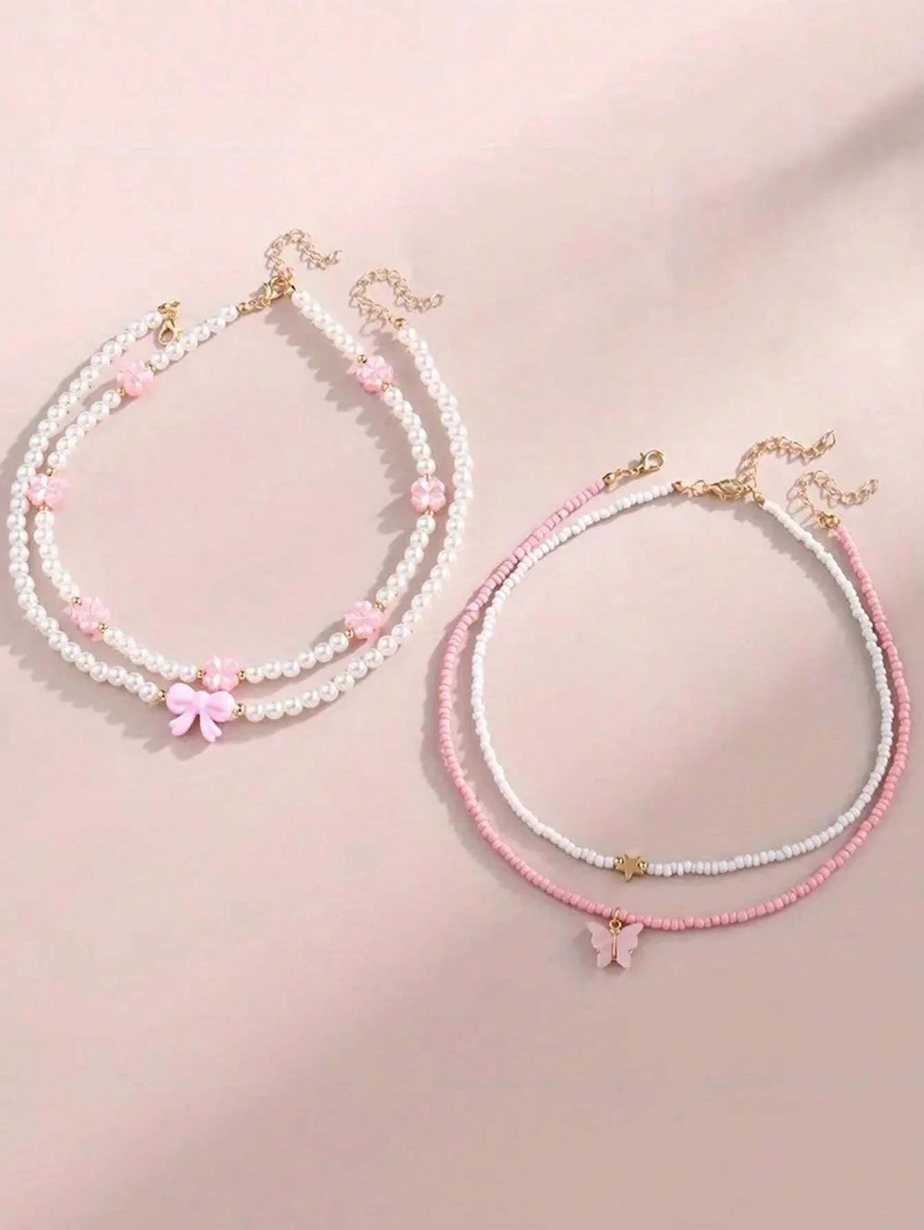 Butterfly, Heart and Flower Pearl Kids Friendship Necklace Set (4 Pieces)