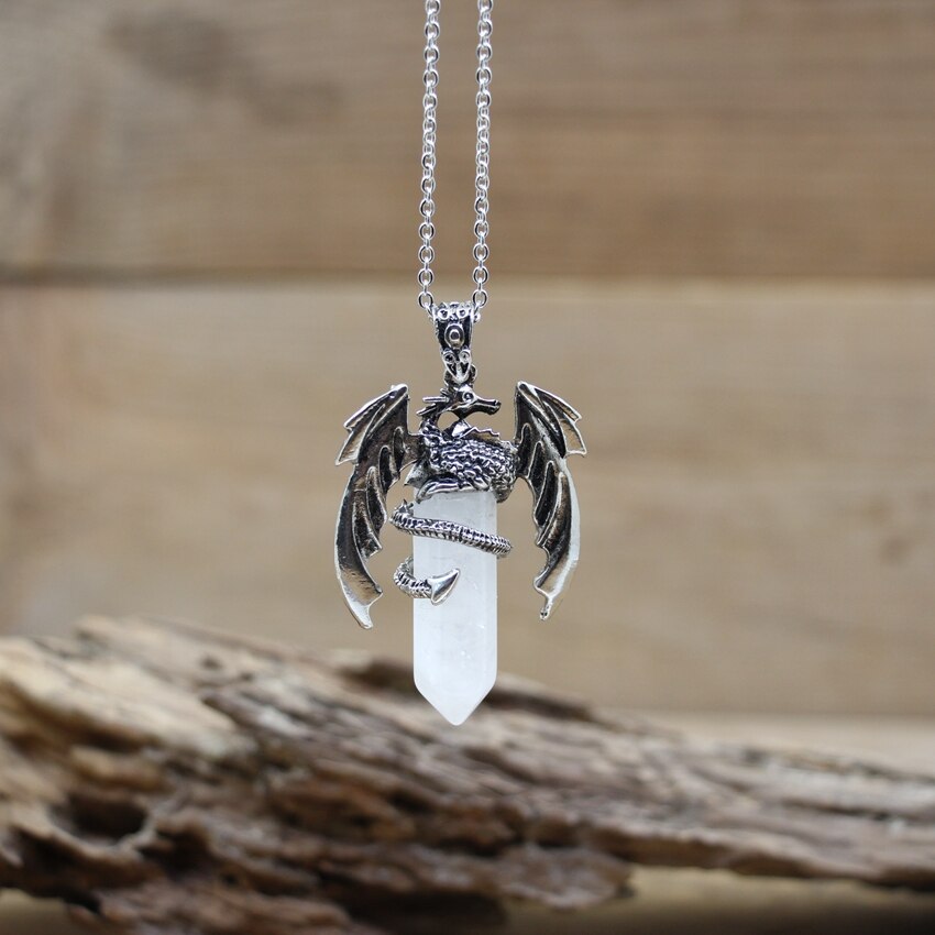 Quartz Dragon Man Necklace Gem Stone Healing Crystal Hexagonal Pendant Lapis Amethysts Animal Vintage Jewelry for Women