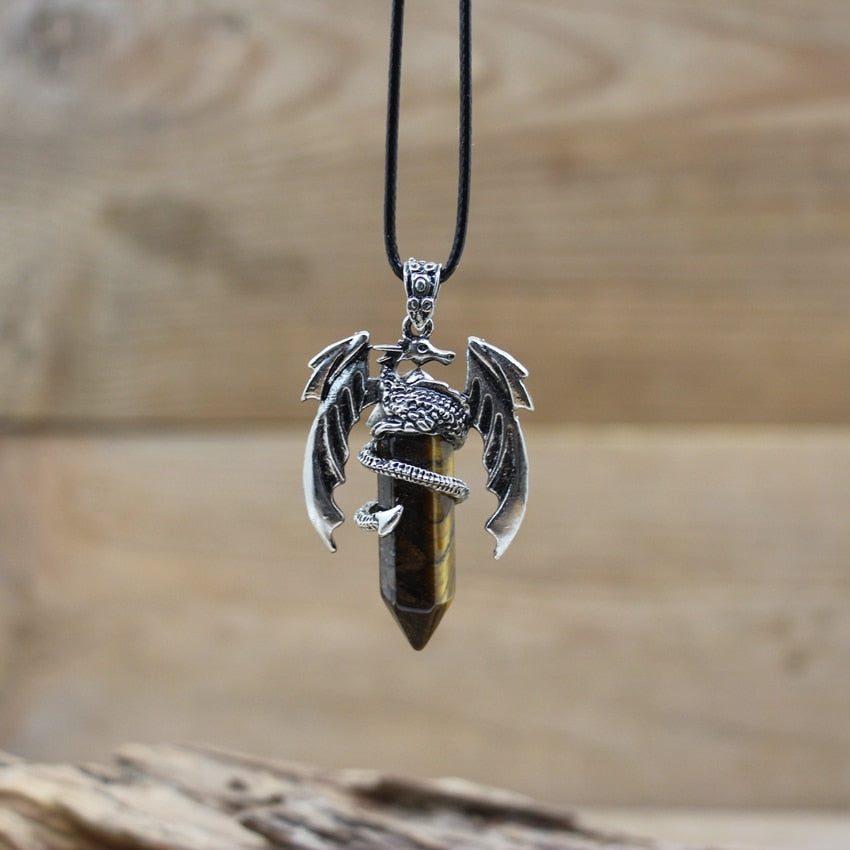 Quartz Dragon Man Necklace Gem Stone Healing Crystal Hexagonal Pendant Lapis Amethysts Animal Vintage Jewelry for Women
