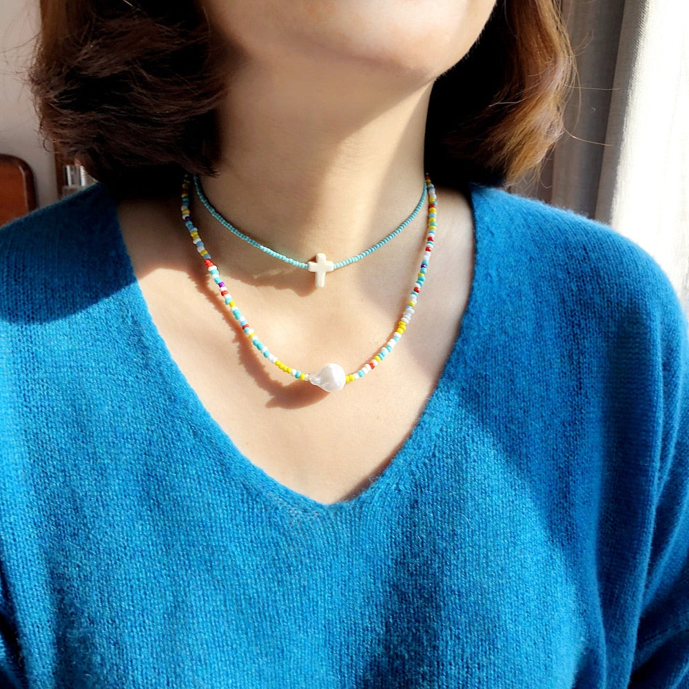 Handmade Beaded Shell Pendant Necklace Pearl Flower Clavicle Chain Vintage Turquoise Choker Necklace Jewelry for Women Gifts