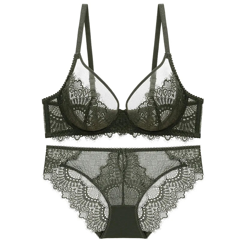 Logirlve Sexy Brassiere Transparent Ultrathin Bra Panty Set Push up Embroidery Underwear Set Plus Size Bras Women Lace Lingerie - Charlie Dolly