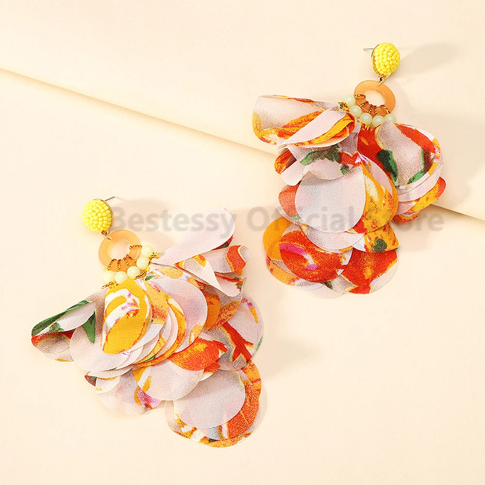 Acrylic Bead Yarn Petal Long Dangle Earrings Jewelry