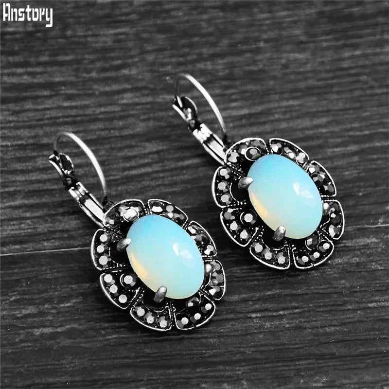 Vintage Plumflower Natural Lapis Lazuli Rhinestone Earrings For Women Tibetan Silver Plated Natural Stone Tiger Eye Earring - Charlie Dolly