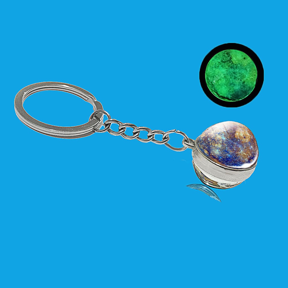 Glow In The Dark Solar System Galaxy Planet Keychain Jupter Moon Earth Mars Sun Nebula Double Side Glass Ball Key Chain Pendant