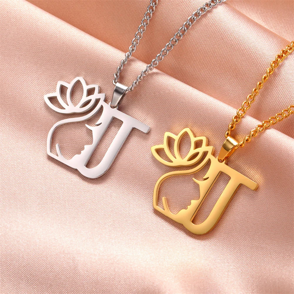 Lotus Flower Initial Letter Pendant, Personalized Stainless Steel Necklace