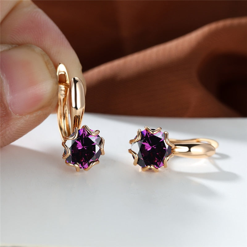 Cute Female Round Stone Hoop Earrings Rainbow Crystal Multicolor Zircon Earrings Boho Rose Gold Color Wedding Earrings For Women