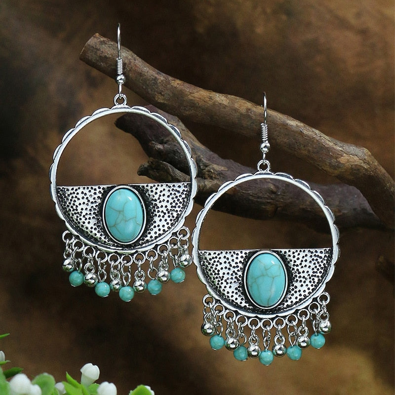 53 Styles Bohemian Vintage Tibetan Silver Geometric Drop Earrings For Women Ethnic Blue Stone Tassel Dangle Earrings Jewelry