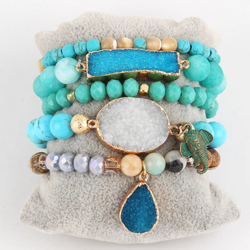 New Designer Boho Beaded Bracelet Set Natural Stone & Druzy 5pc Bracelets Bangles Set For Fashion Jewelry - Charlie Dolly