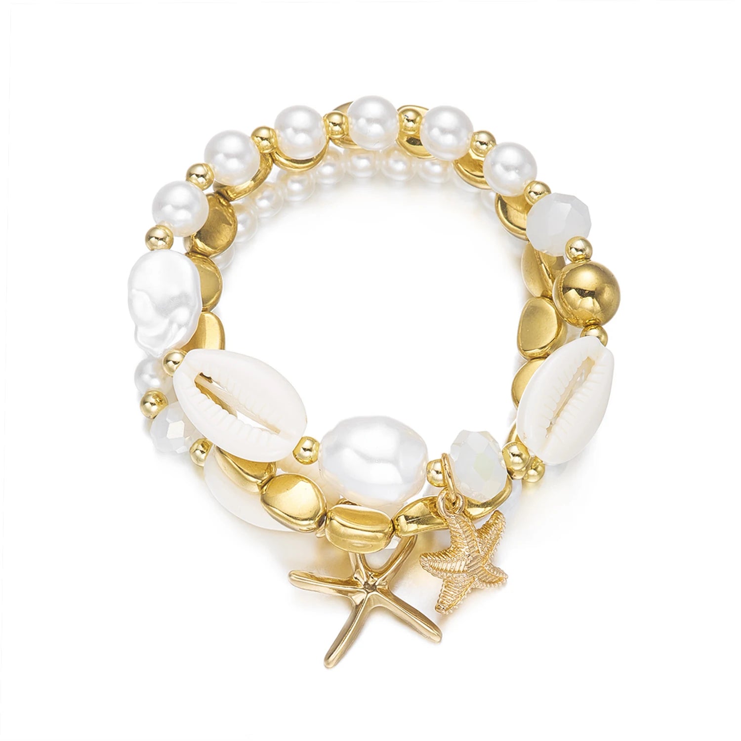 Dainty Shell and Starfish Stacked Elastic Bracelet Set