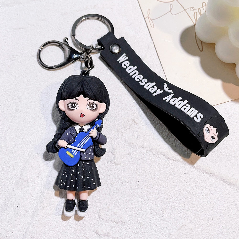 Trend Movie Addams 3d Keychain Wednesday Addams Pendant Keyrings Cartoon Figure Keyholder Backpack Car Key Keychains Accessories