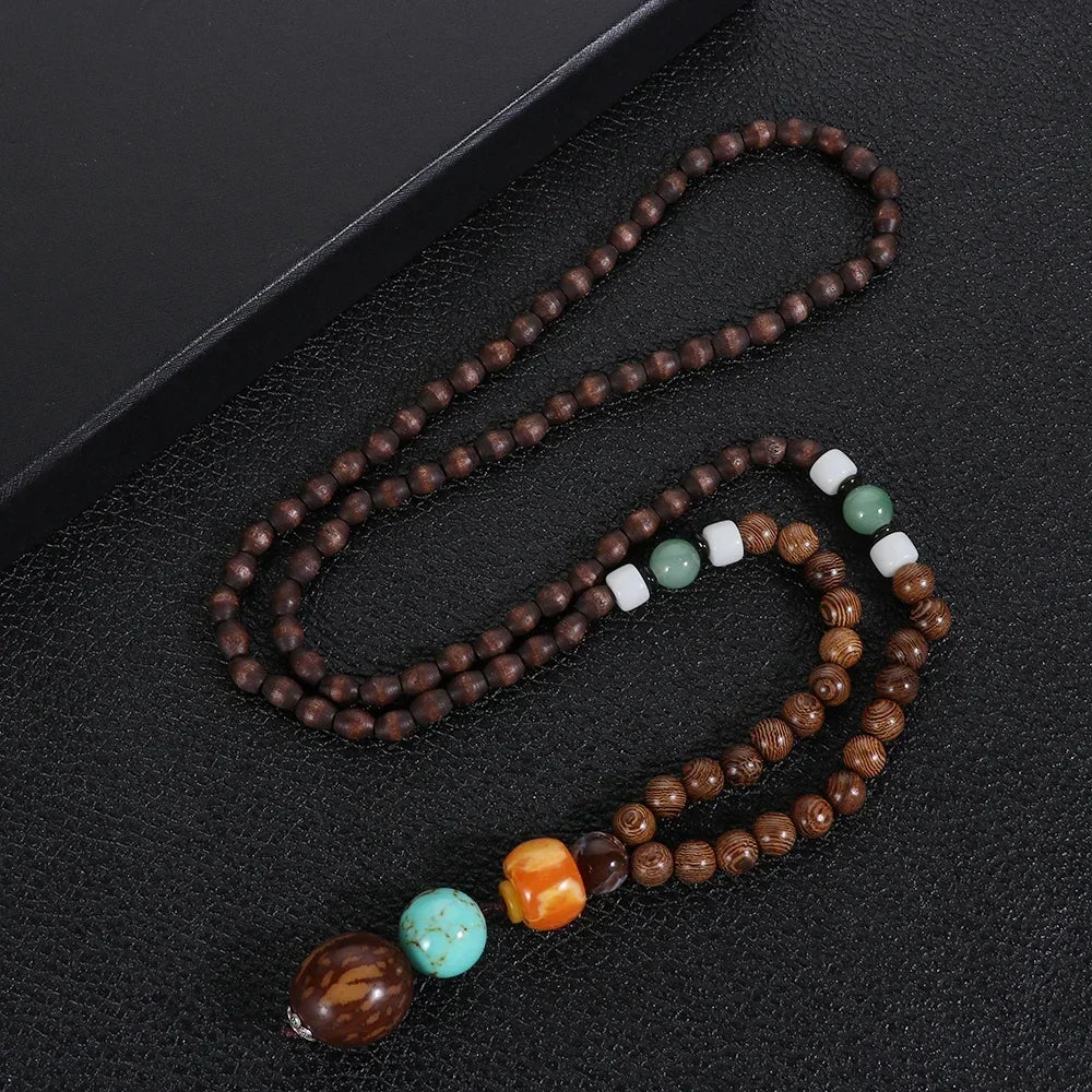 Nepal Wood Bead Mala Pendant Necklace Jewelry