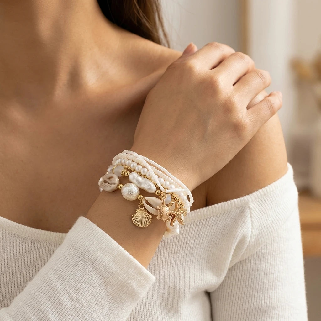 Sea Turtle, Starfish and Cowrie Shell Layered Pearl Bracelet