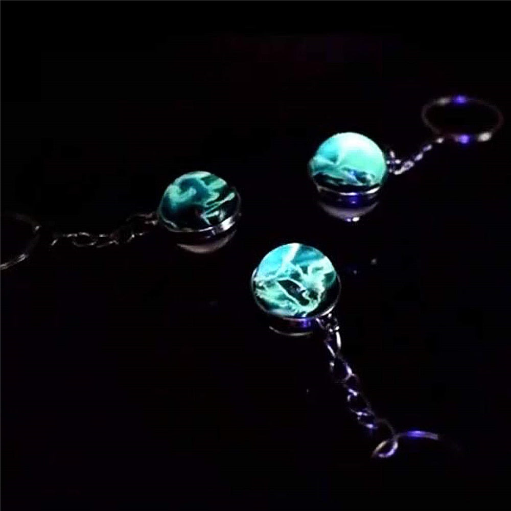 Glow In The Dark Solar System Galaxy Planet Keychain Jupter Moon Earth Mars Sun Nebula Double Side Glass Ball Key Chain Pendant