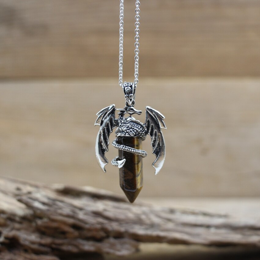 Quartz Dragon Man Necklace Gem Stone Healing Crystal Hexagonal Pendant Lapis Amethysts Animal Vintage Jewelry for Women