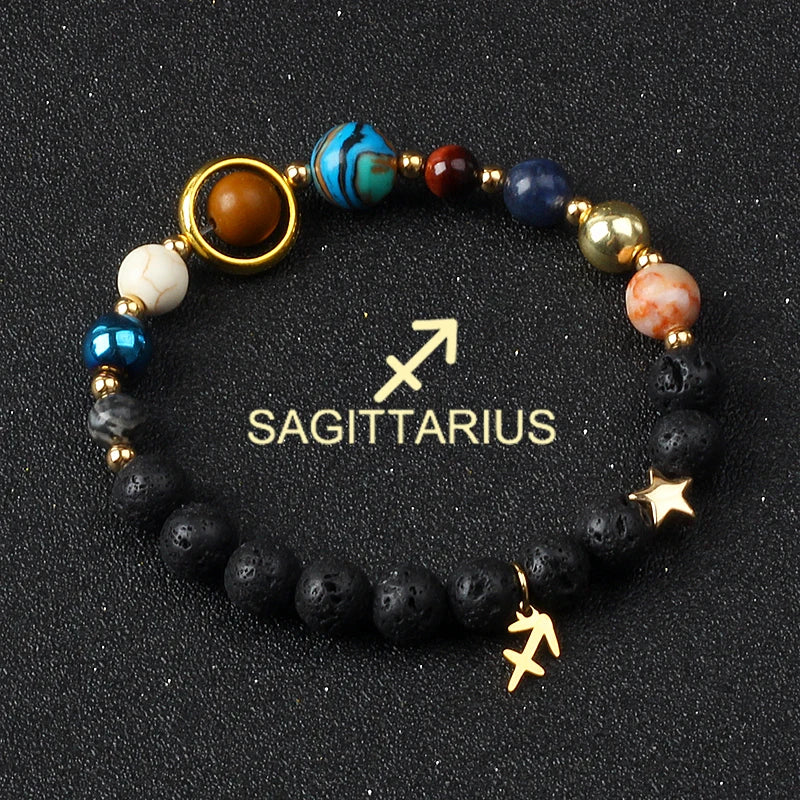 Eight Planets & Twelve Zodiac Beaded Bracelet, Natural Stone Cosmic Astrology Talisman