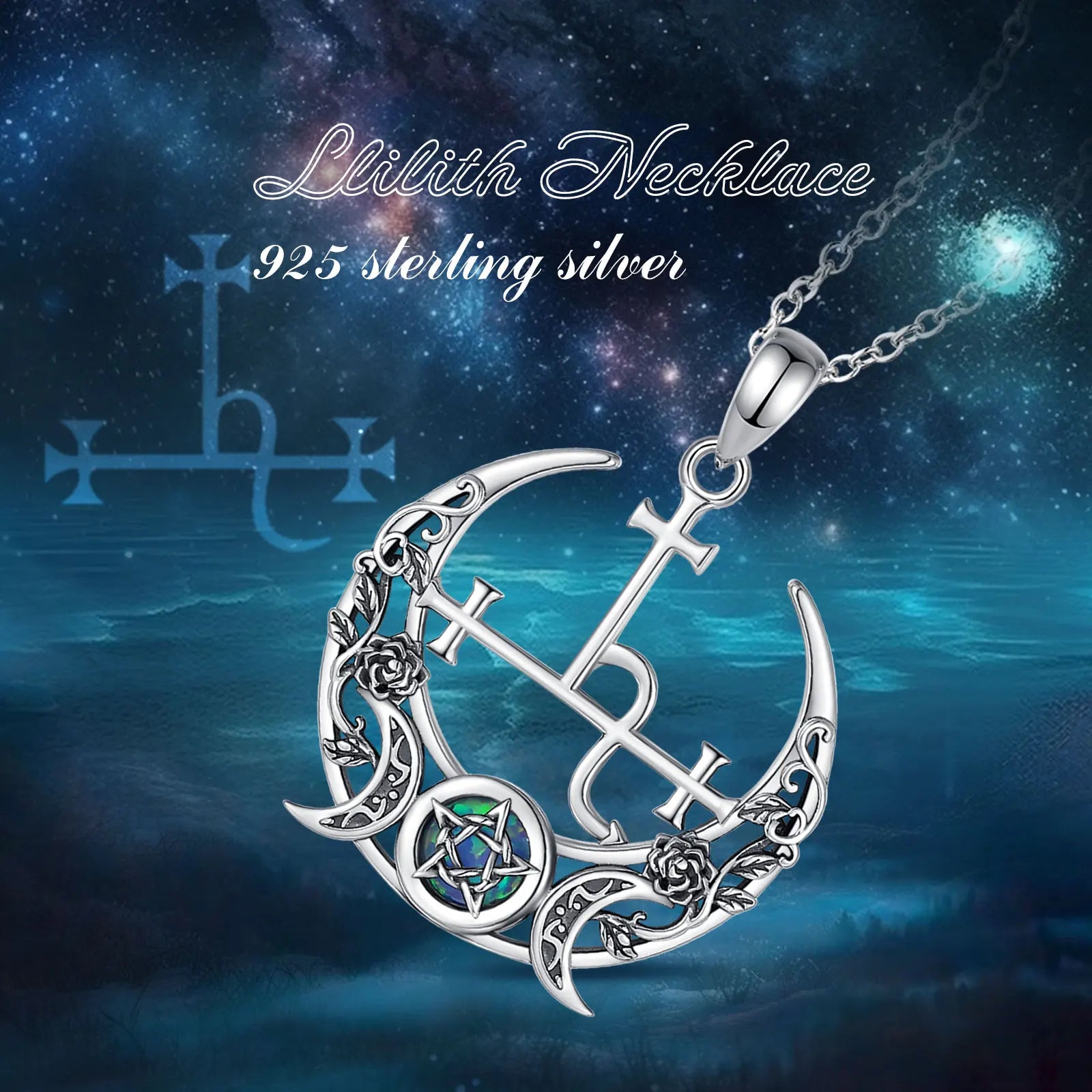 S925 Sterling Silver Lilith Moon & Opal Pendant Necklace, Triple Moon Goddess Amulet