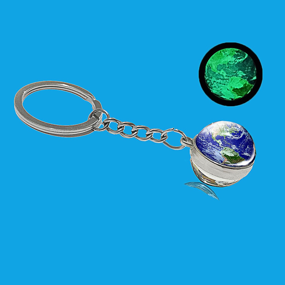 Glow In The Dark Solar System Galaxy Planet Keychain Jupter Moon Earth Mars Sun Nebula Double Side Glass Ball Key Chain Pendant