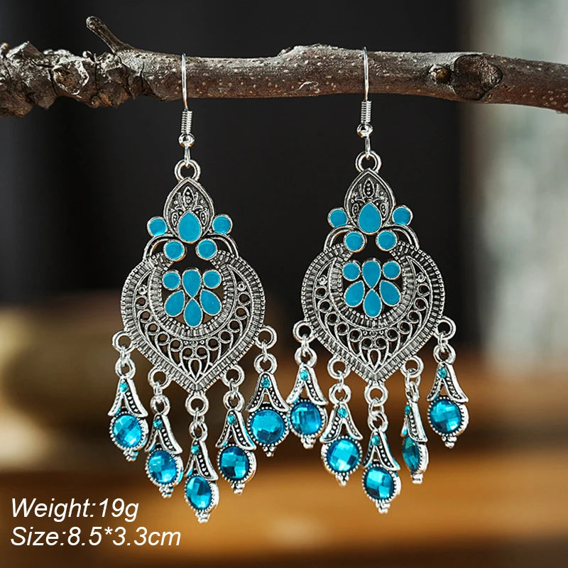 Blue Enamel Feather Crystal Long Earrings Jewelry