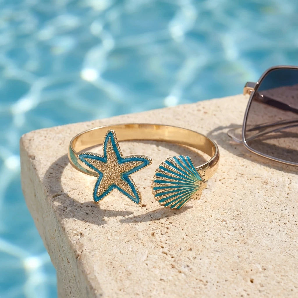 Starfish and Shell Enamel Bangle Bracelet