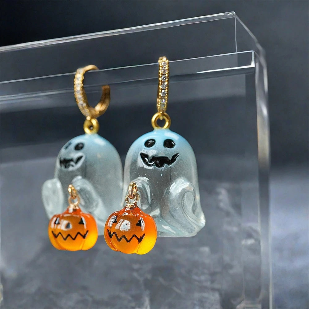 Fashion Halloween Ghost Drop Stud Earrings Women Girl Cute Punk Pumpkin Stainless Steel Jewelry Crystal Hook Dangle Party Gifts - Charlie Dolly