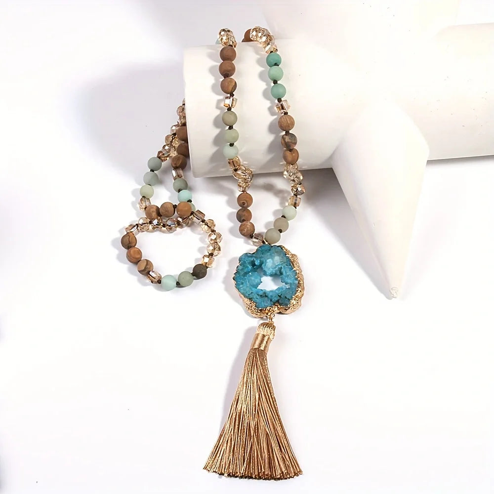 Knotted Druzy Stone Tassel Necklace Jewelry