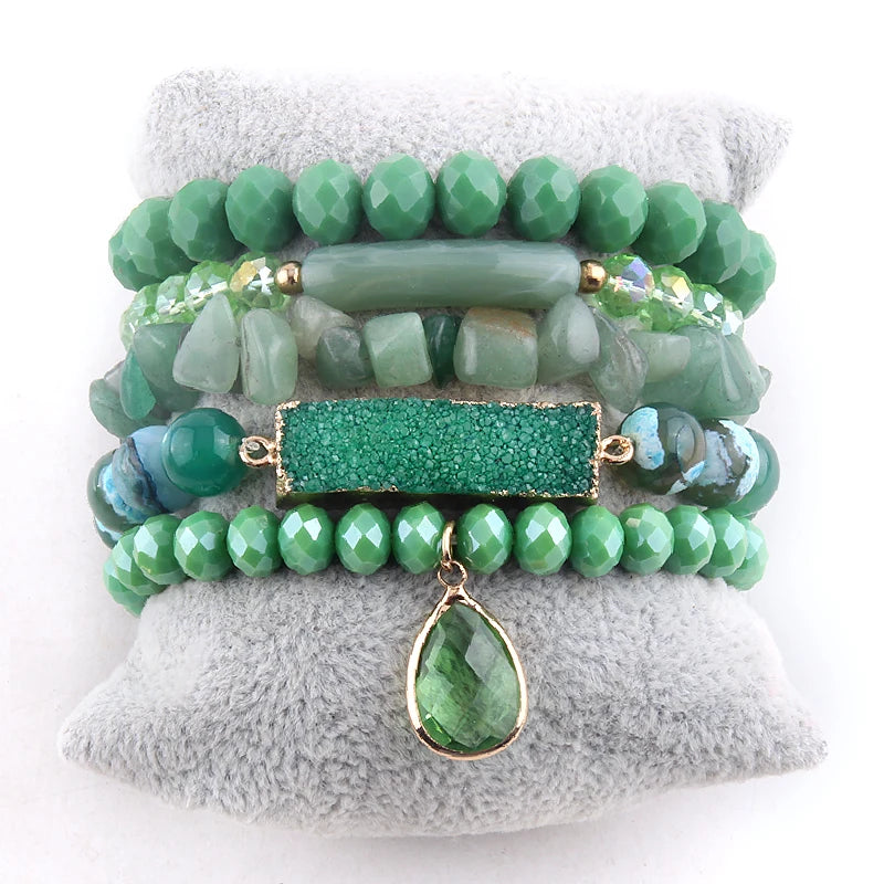 Fashion Beaded Boho Bracelet 5pc Green Natural Stone /Glass Stack Bracelet Sets For Women Boho Jewelry Gift - Charlie Dolly